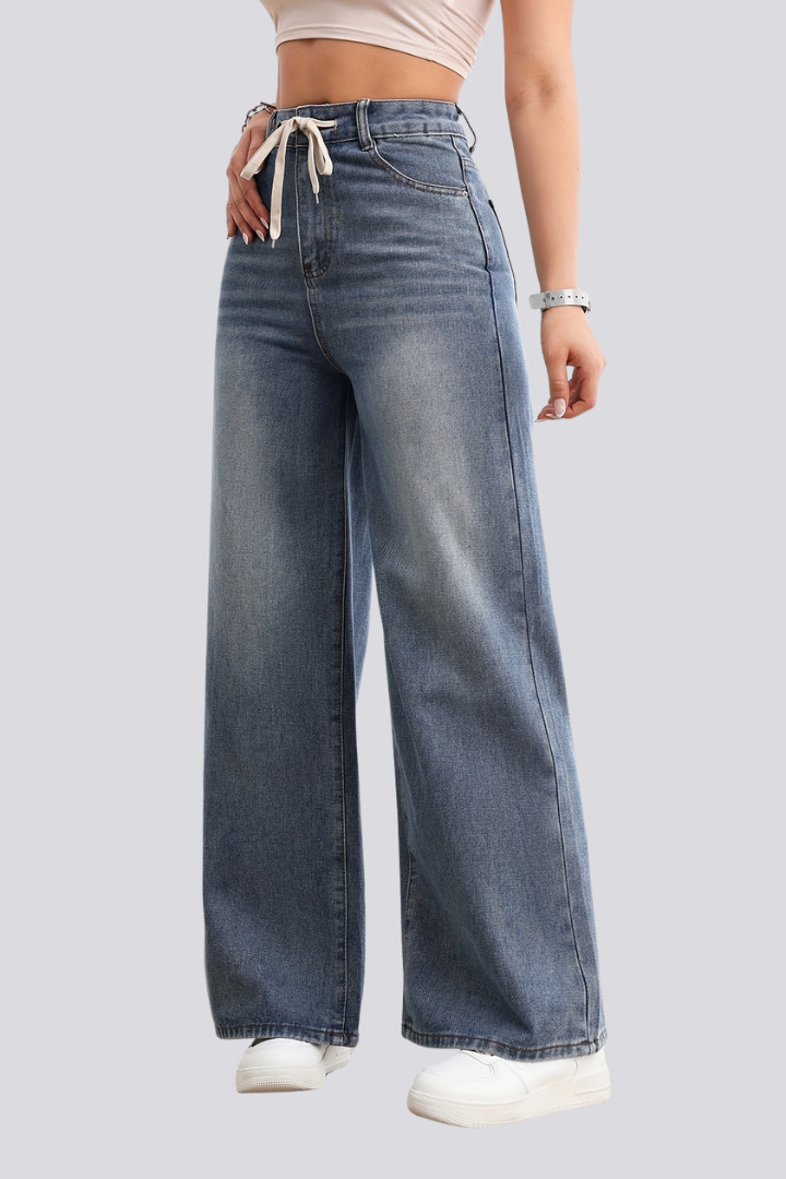 Women’s Wide-Leg Jeans with Drawstring Waist and Front Pockets