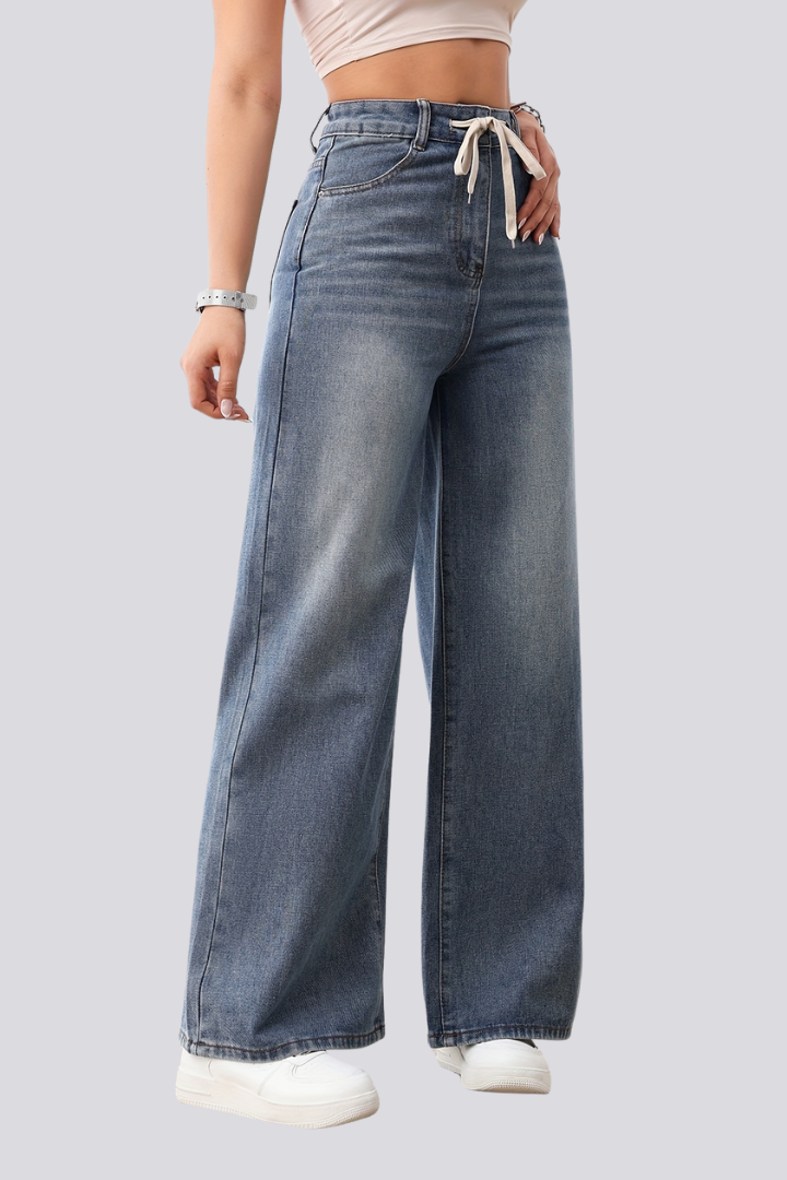Women’s Wide-Leg Jeans with Drawstring Waist and Front Pockets