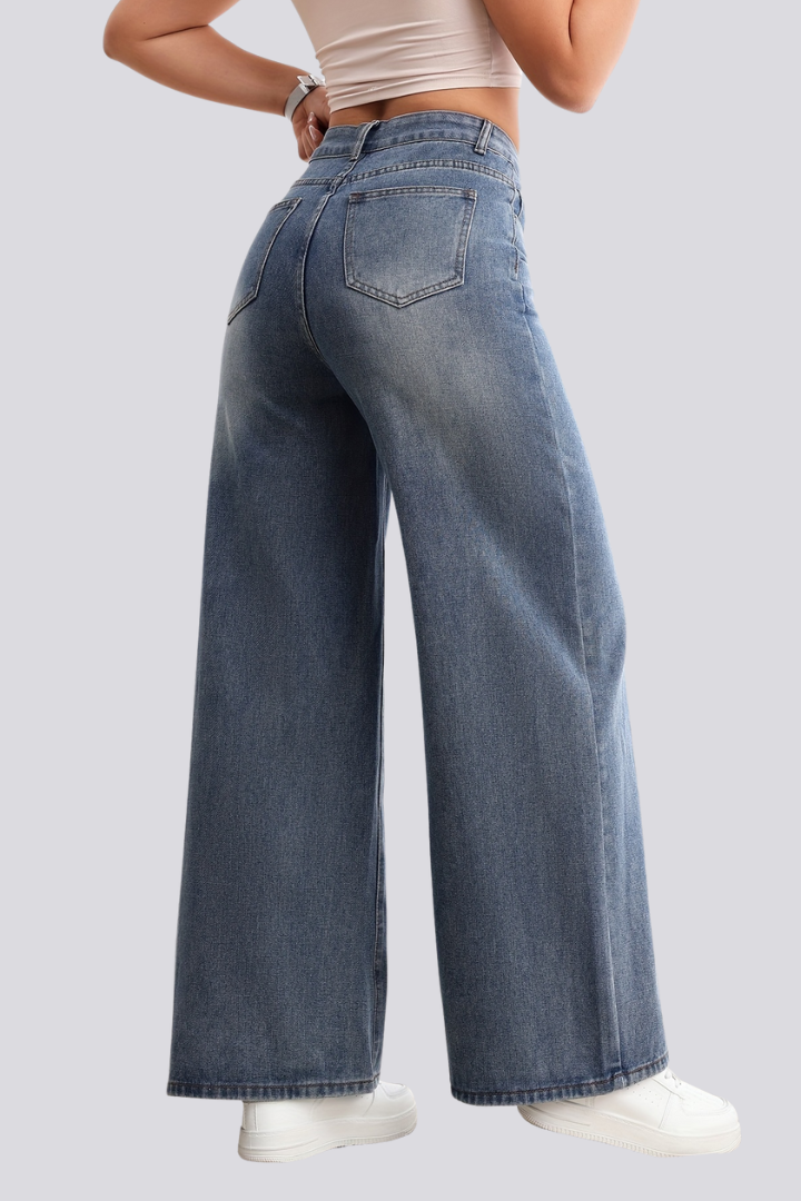 Women’s Wide-Leg Jeans with Drawstring Waist and Front Pockets