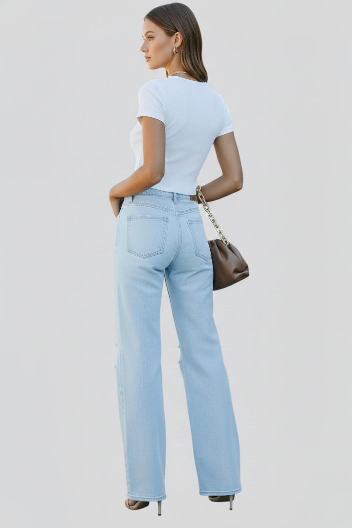 Women’s Wide-Leg Jeans with a High Waist and Distressed Knees