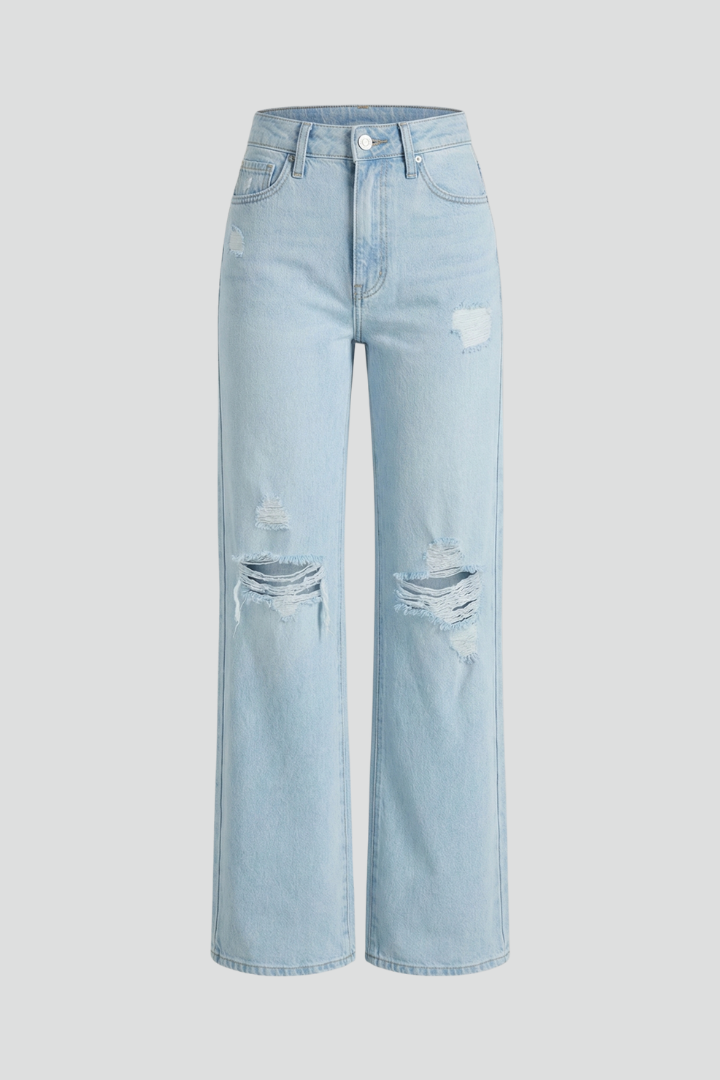Women’s Wide-Leg Jeans with a High Waist and Distressed Knees