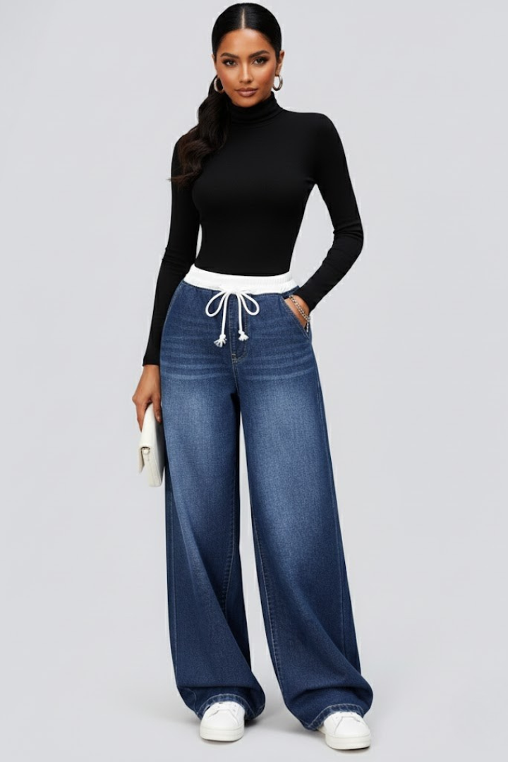 Women’s Wide-Leg Jeans with Drawstring Waist and Long Legs