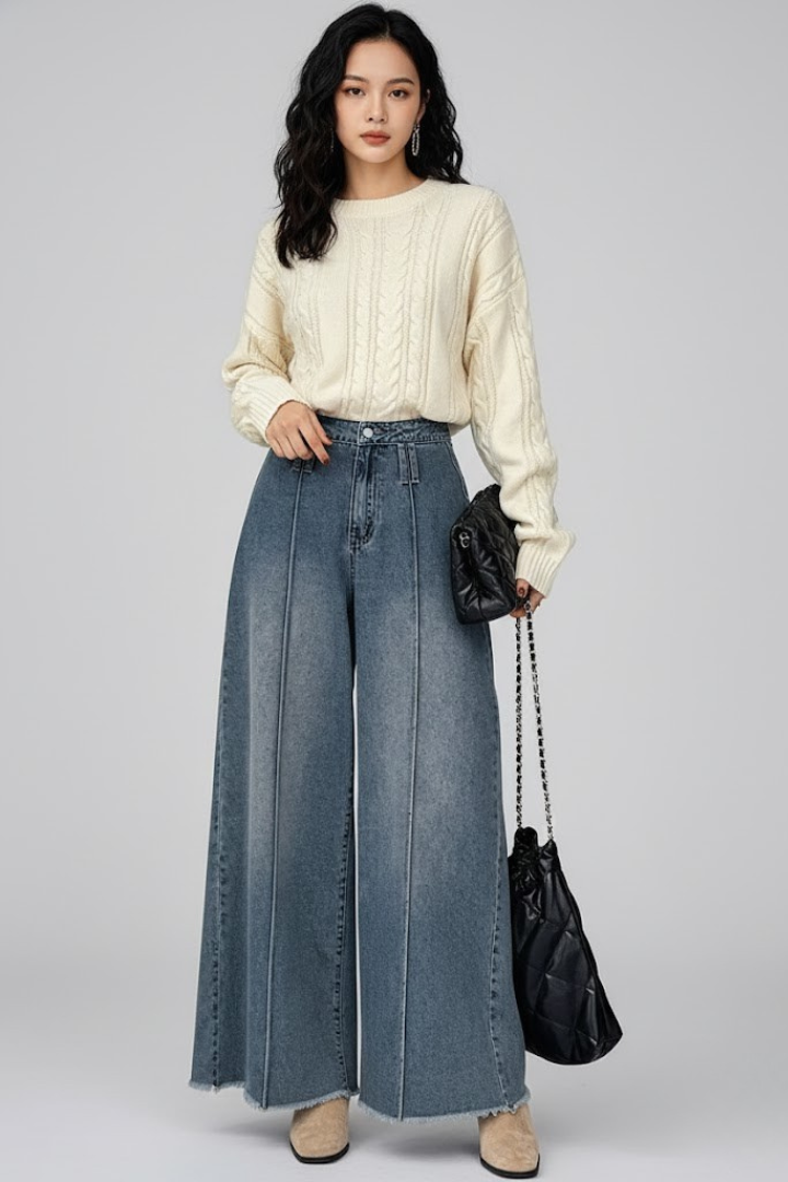 Women’s Wide Leg Trousers with High Waist and Front Seams