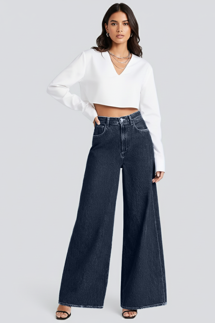 Women’s Wide-Leg Jeans with Button Fastening and High Waist