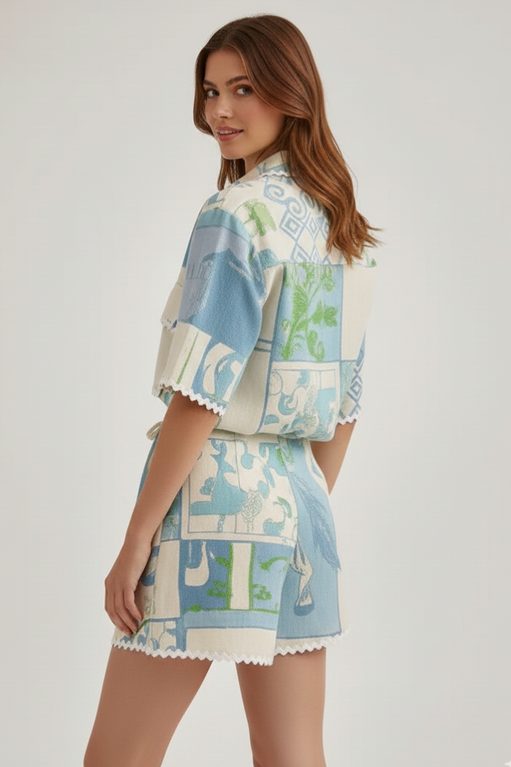 Women’s Two-Piece Set with Patchwork Top and Adjustable Shorts