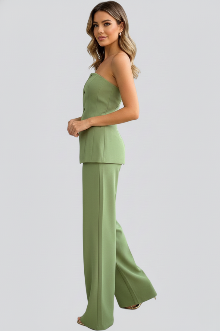 Women’s Bustier Set with Wide-Leg Pants and Button Detail