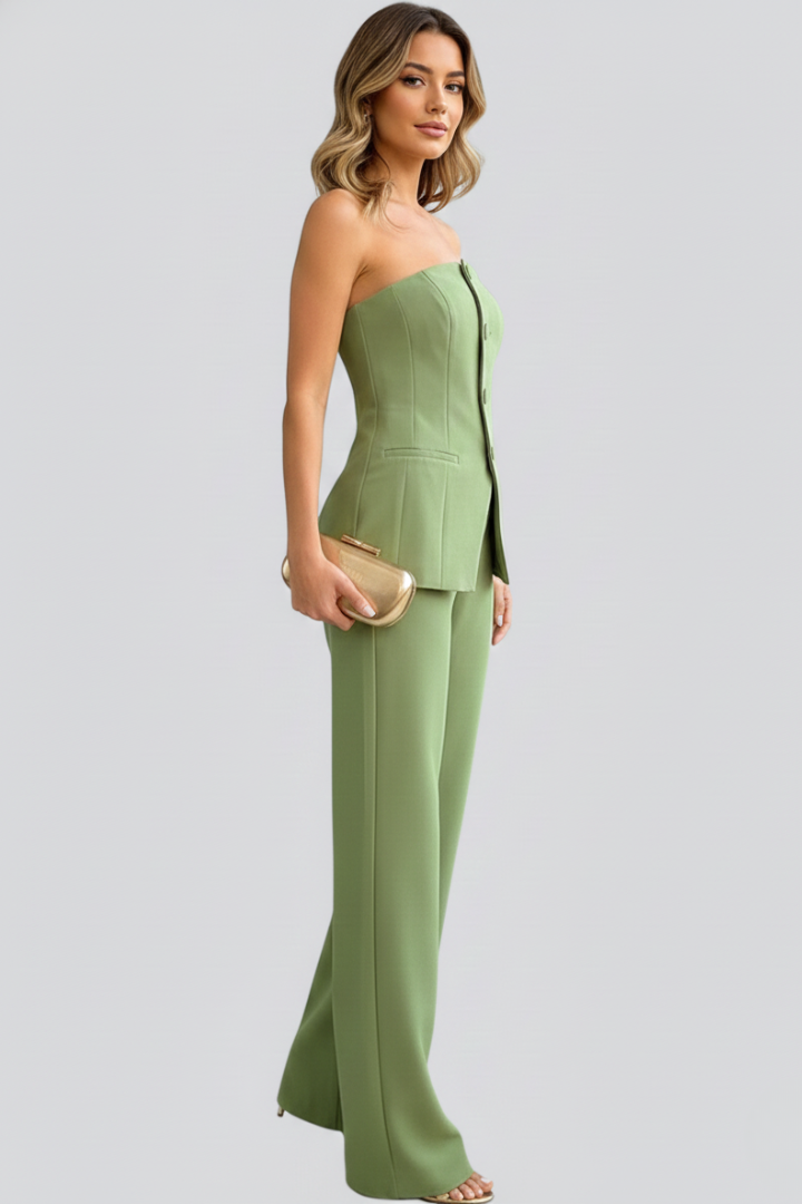 Women’s Bustier Set with Wide-Leg Pants and Button Detail