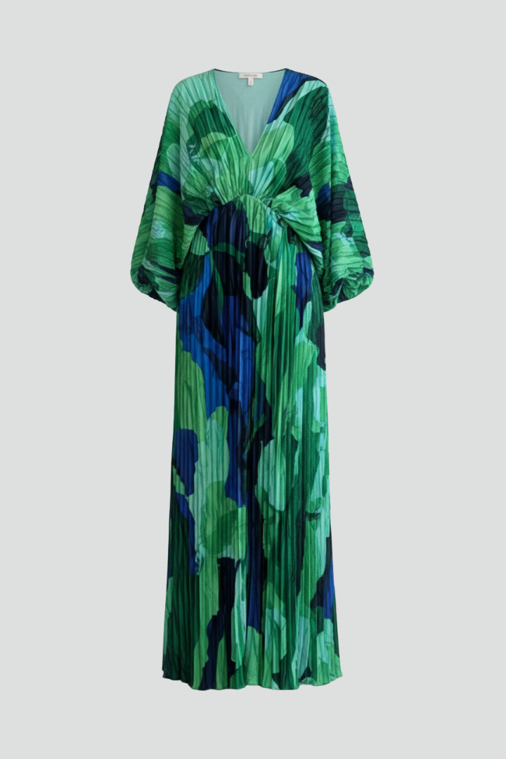 Women’s Long Dress with V-Neckline and Pleated Finish