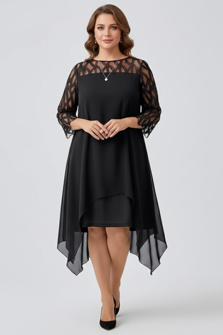Women’s A Line Dress with Lace Sleeves and Asymmetrical Hem