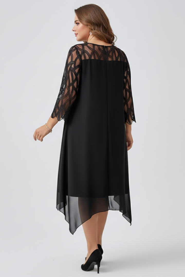 Women’s A Line Dress with Lace Sleeves and Asymmetrical Hem