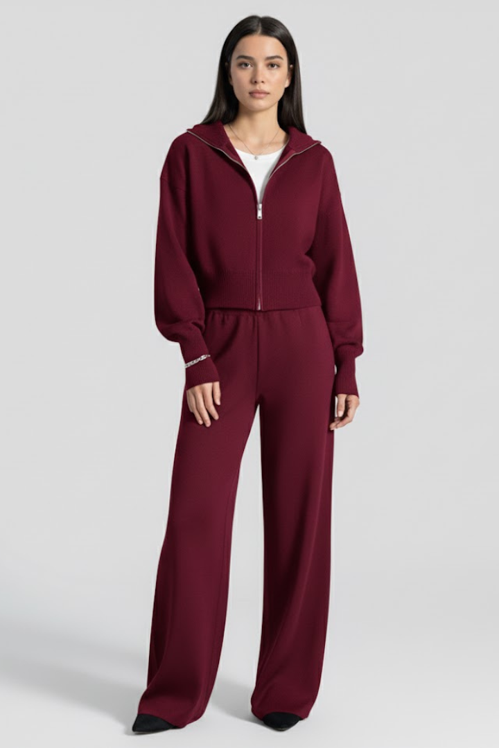 Women’s Knit Set with Zip Jacket and Wide-Leg Trousers