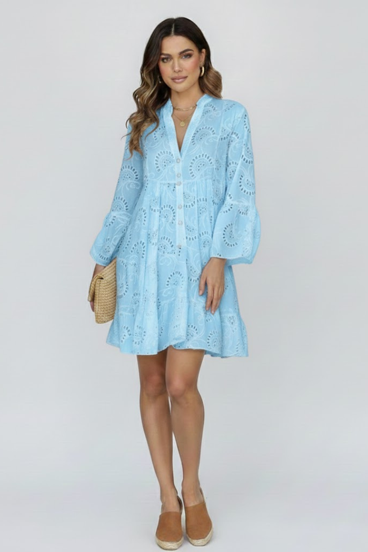 Women’s Mini Dress with V-Neck and Flared Sleeves