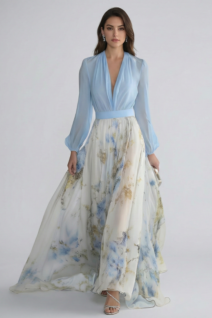 Women’s Maxi Dress with V-Neckline and Sheer Sleeves