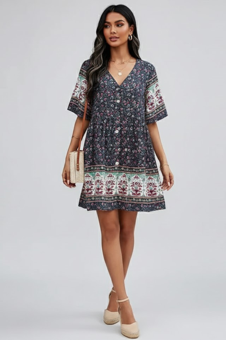 Women’s Short Sleeve Dress with V-Neck and Button Front