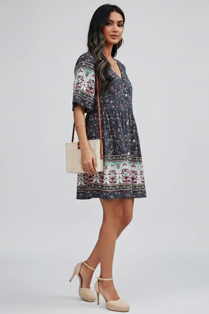 Women’s Short Sleeve Dress with V-Neck and Button Front