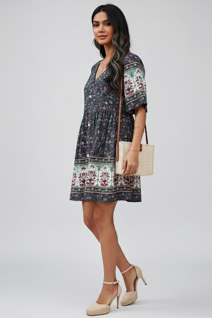 Women’s Short Sleeve Dress with V-Neck and Button Front