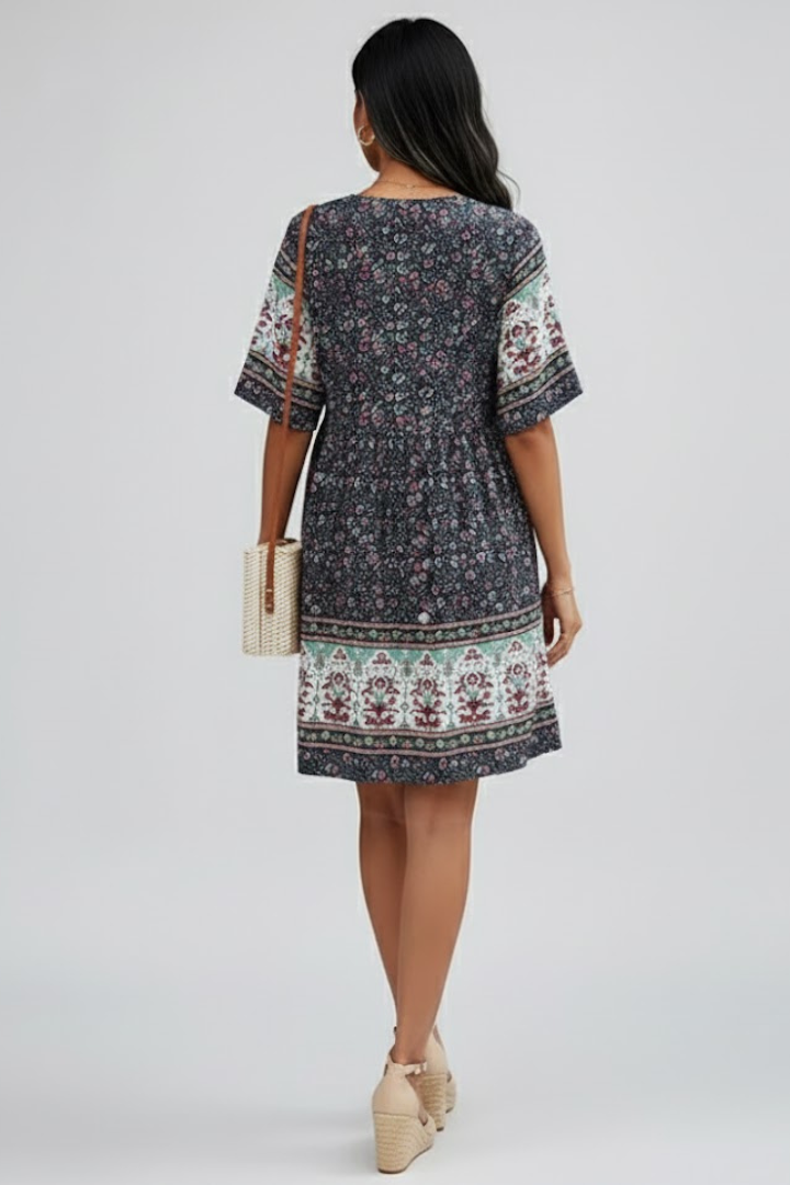 Women’s Short Sleeve Dress with V-Neck and Button Front