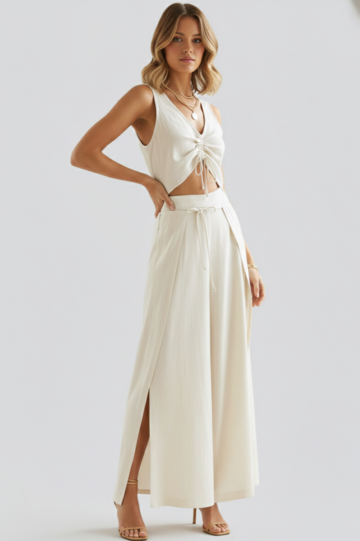 Women’s Two Piece Set with V Neck Top and Wide Leg Pants