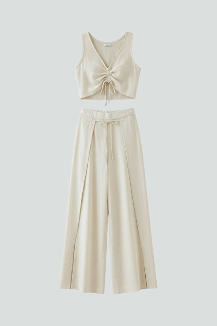 Women’s Two Piece Set with V Neck Top and Wide Leg Pants