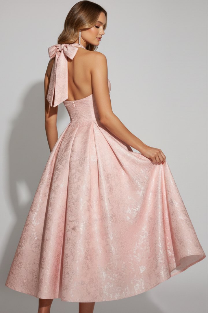 Women’s Midi Dress with Halter Neckline and Fitted Bodice