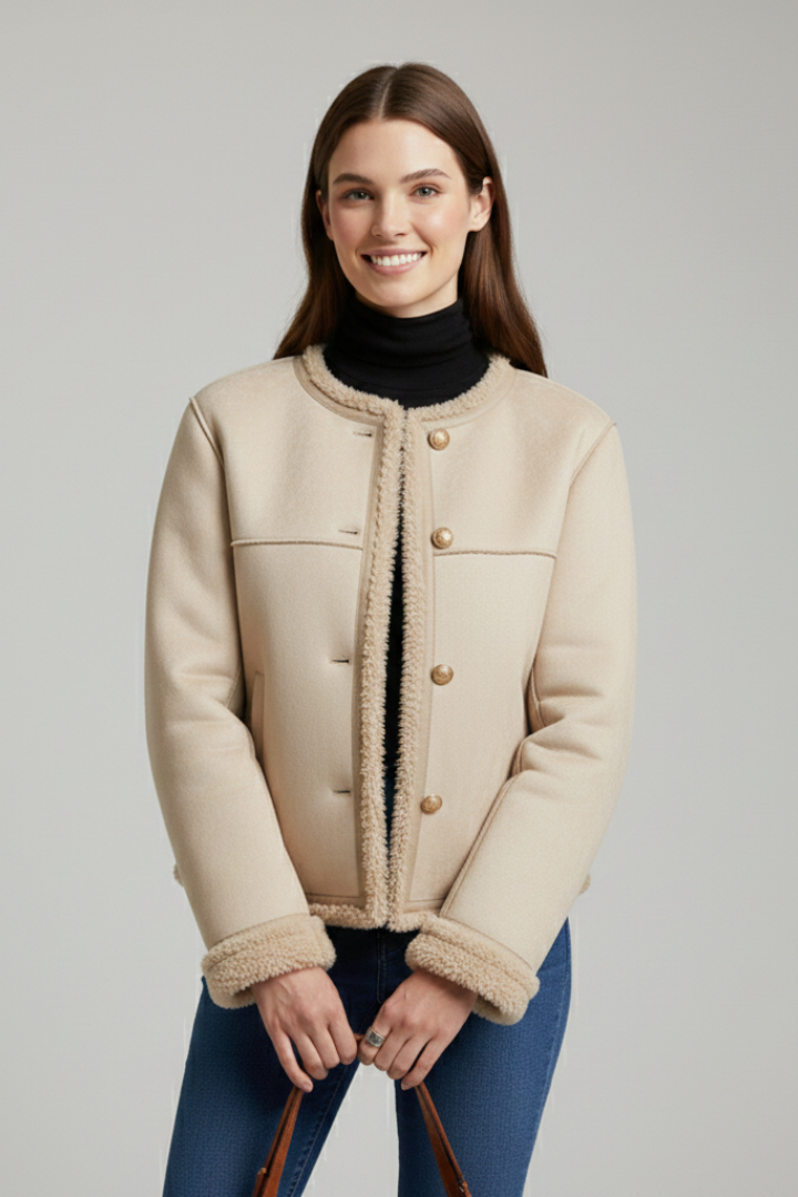 Women Jacket with Button Closure and Trim Edging