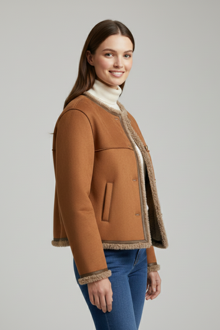 Women Jacket with Button Closure and Trim Edging