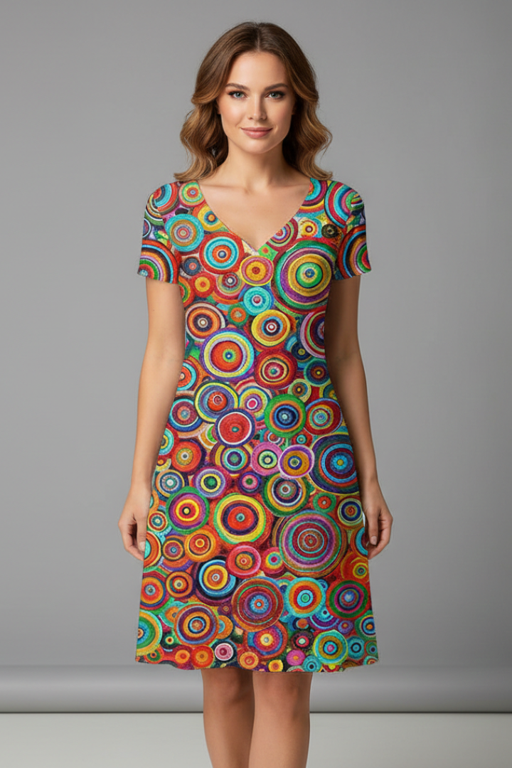 Women Knee-Length Dress with V Neck and Short Sleeves