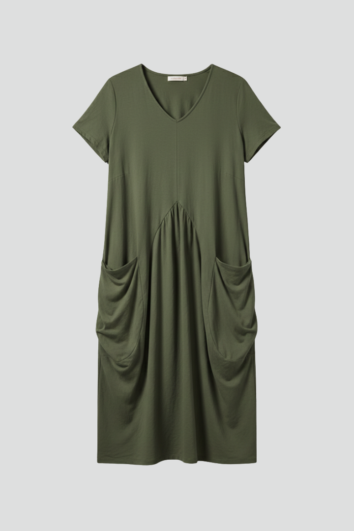 Women Midi Dress with Round Neckline and Short Sleeves