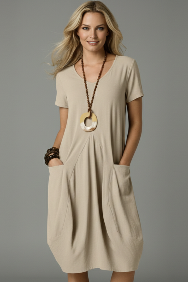 Women Midi Dress with Round Neckline and Short Sleeves
