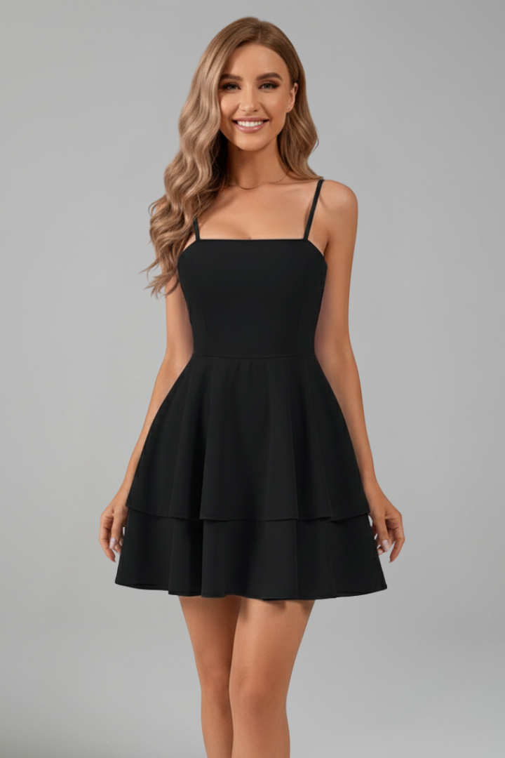 Women Mini Dress with Spaghetti Straps and Flared Skirt