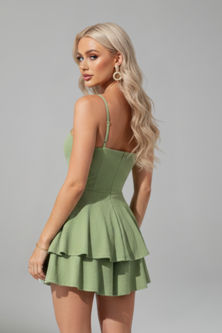 Women Mini Dress with Spaghetti Straps and Flared Skirt
