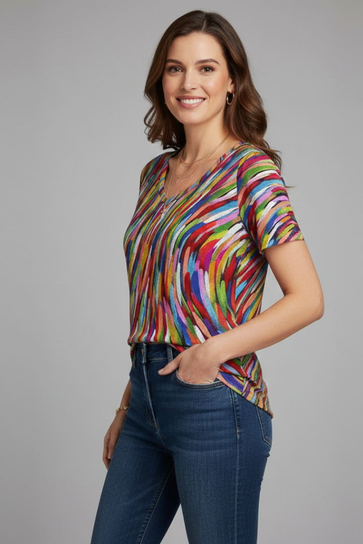 Women T-Shirt with V Neckline and Printed Surface