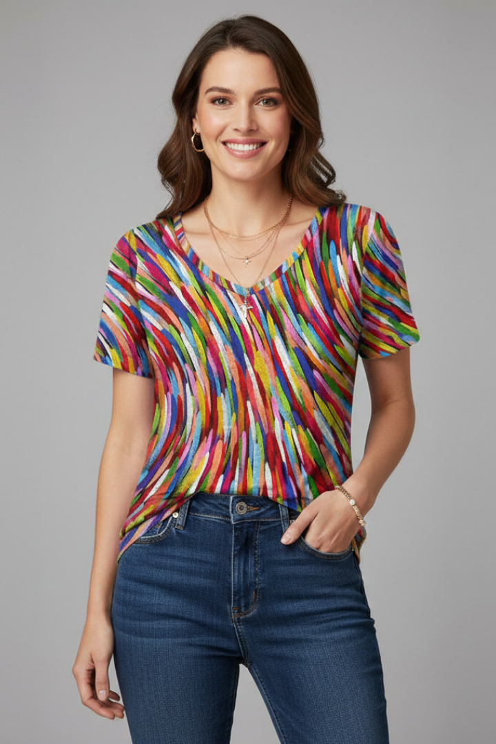 Women T-Shirt with V Neckline and Printed Surface
