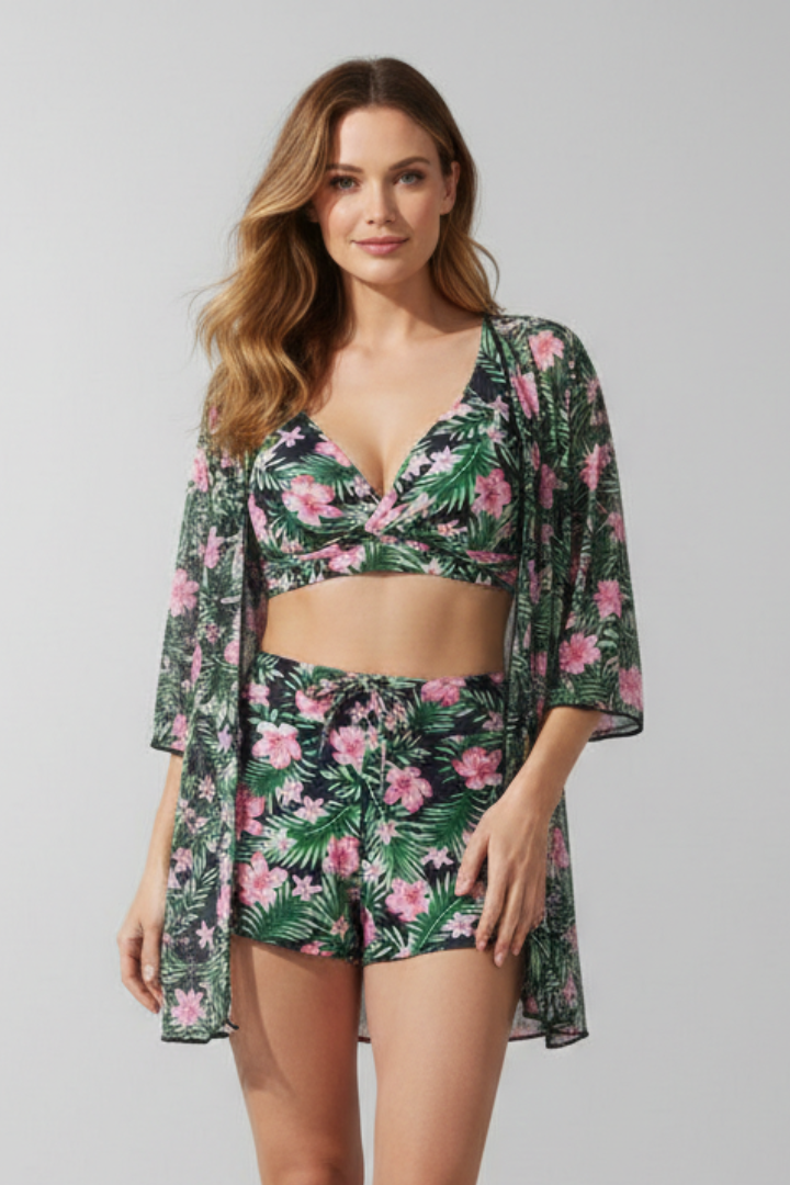 Women’s Bikini Set with Printed Shirt and Shorts