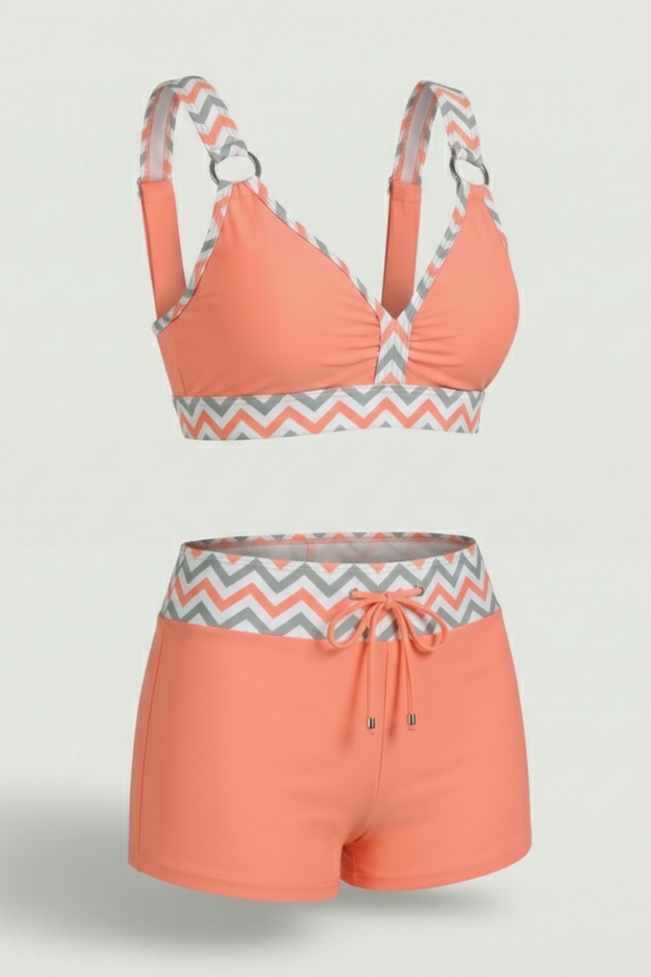 Women’s Bikini Set with Striped Top and Drawstring Shorts