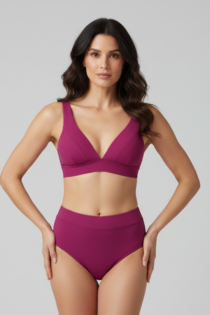 Women’s Bikini Set with V-Neck Top and High Waist