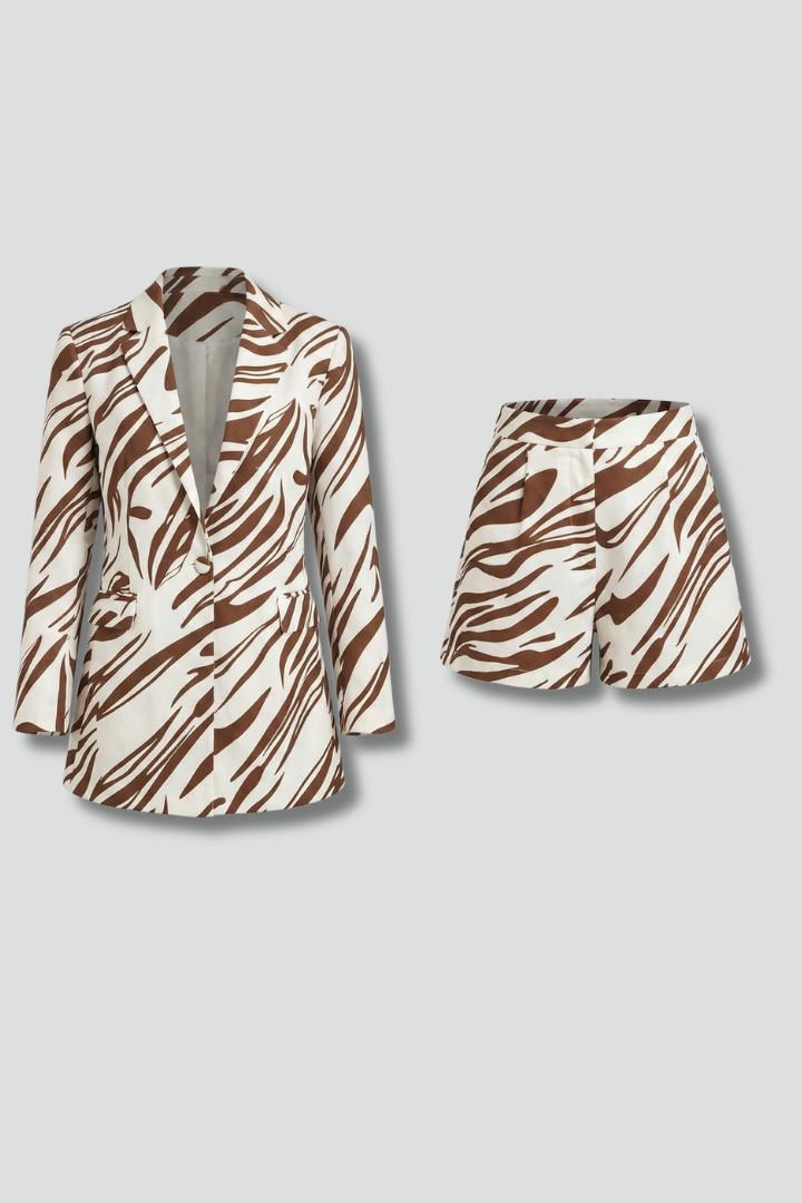 Women’s Blazer Set with Open Front and Printed Shorts