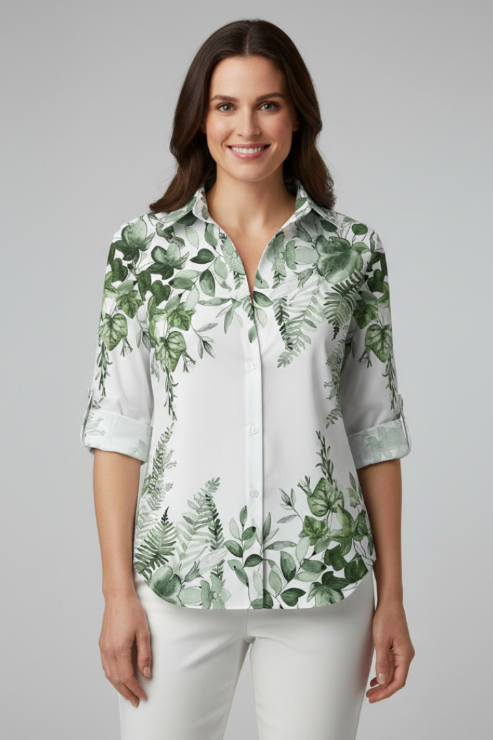 Women’s Blouse with Button Closure and Leaf Print