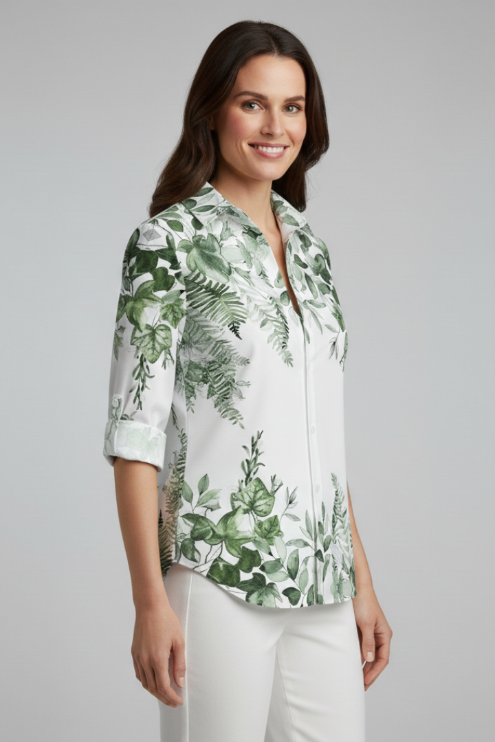 Women’s Blouse with Button Closure and Leaf Print