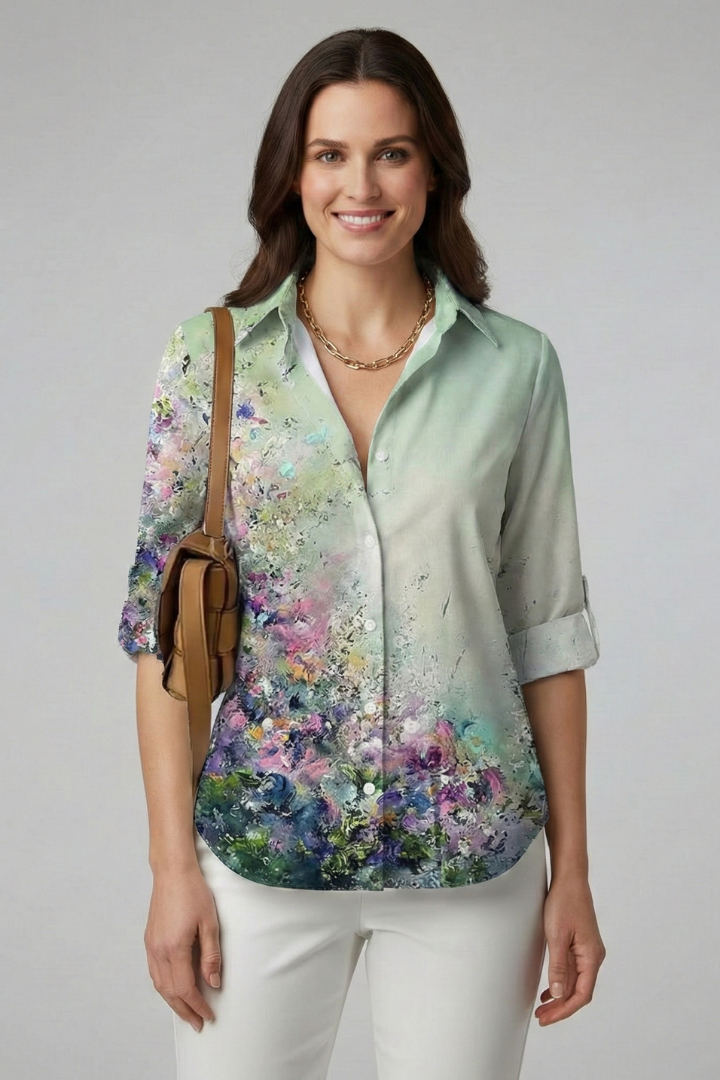 Women’s Blouse with Button Closure and Leaf Print