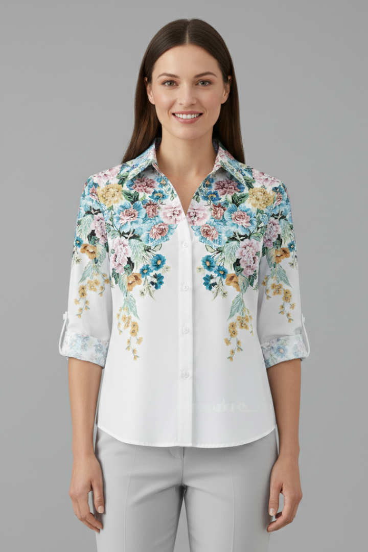 Women’s Blouse with Button Fastening and Floral Panels