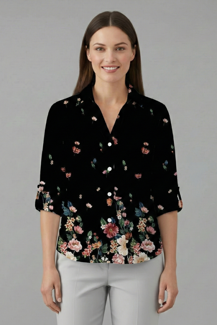 Women’s Blouse with Button Fastening and Floral Panels