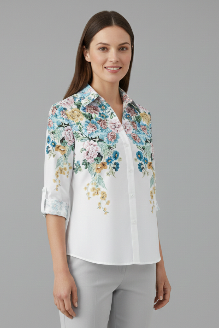 Women’s Blouse with Button Fastening and Floral Panels