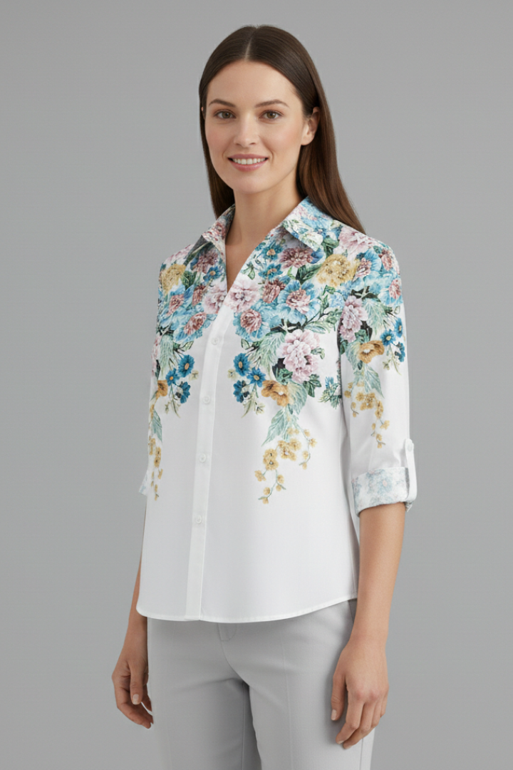 Women’s Blouse with Button Fastening and Floral Panels