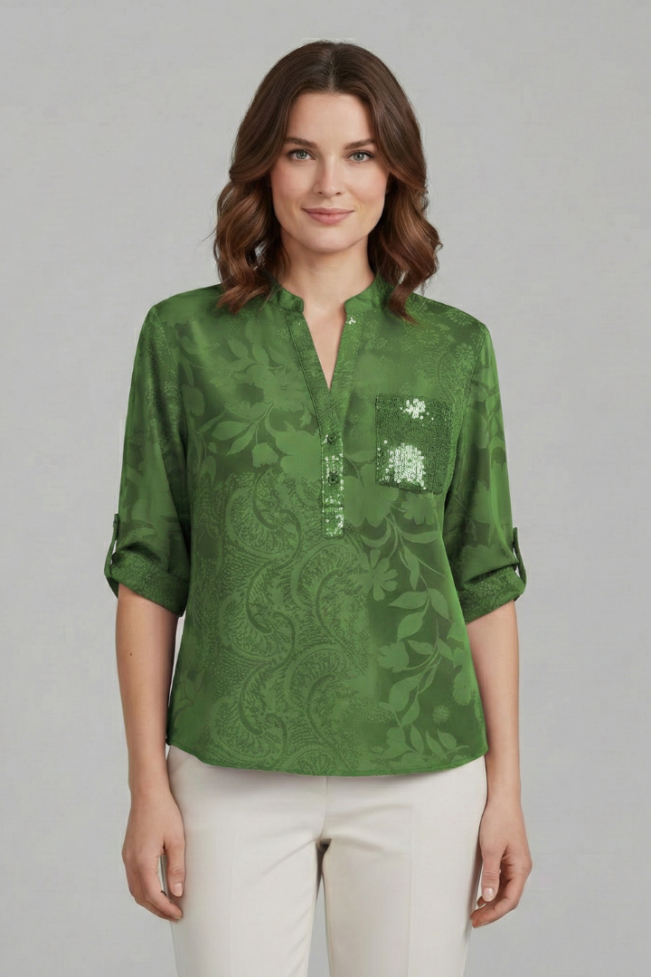 Women’s Blouse with Stand Collar and Front Pocket
