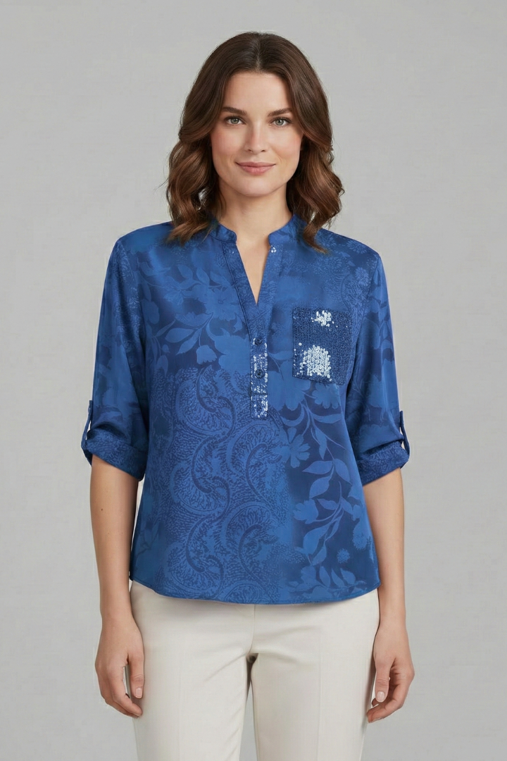 Women’s Blouse with Stand Collar and Front Pocket