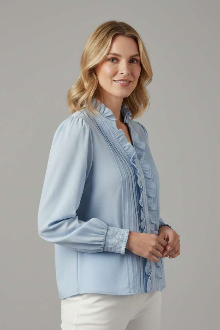 Women’s Blouse with V Neckline and Ruffle Trim