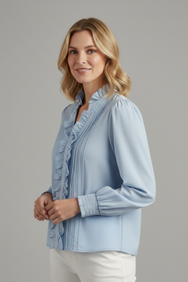 Women’s Blouse with V Neckline and Ruffle Trim