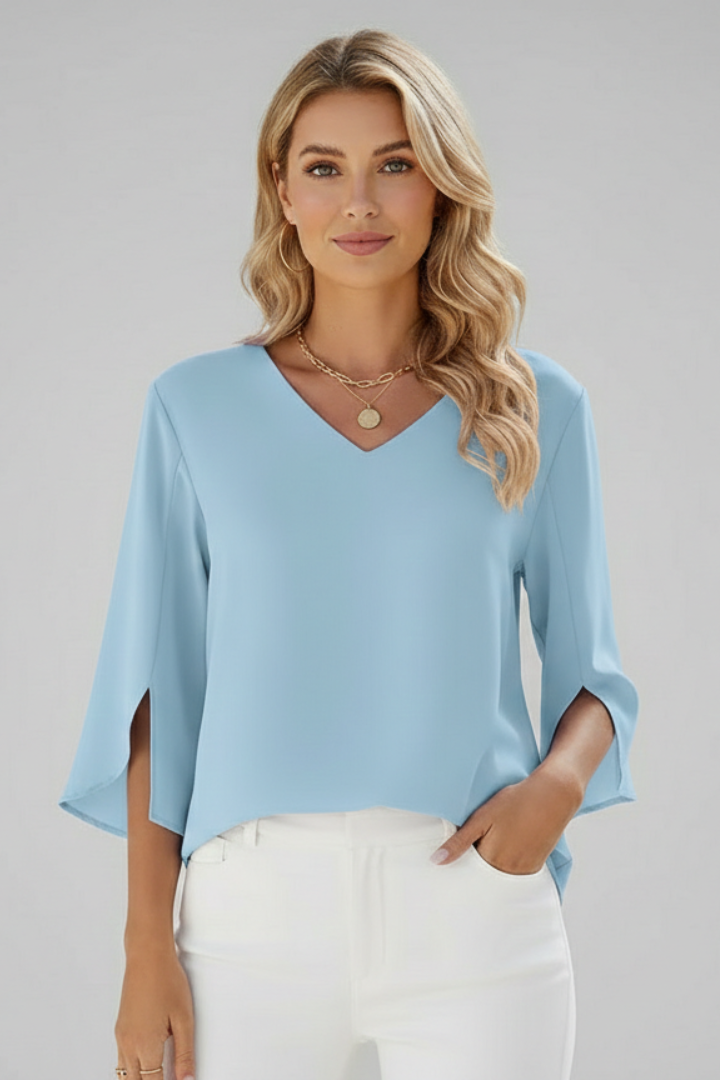 Women’s Blouse with V Neckline and Short Sleeves