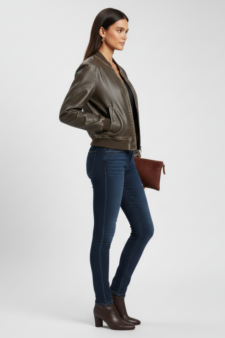 Women’s Bomber Jacket with Collared Neck and Woven Outer Surface